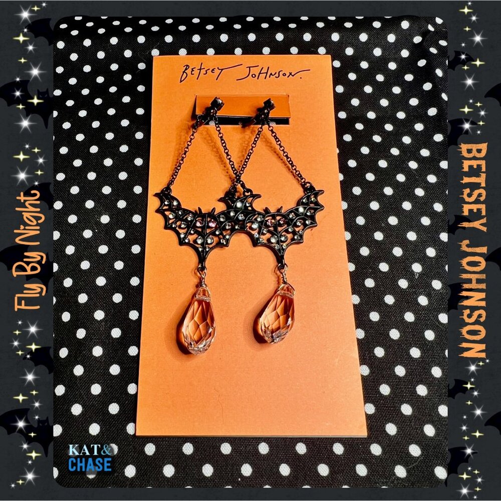 Betsey Johnson Bat Drop Earrings Crystal Dangling Lever Back Black Halloween - Picture 6 of 8